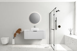 Meuble-lavabo cannelé incurvé à montage mural blanc mat de 48 po avec comptoir et lavabo en granit blanc Collection Manto