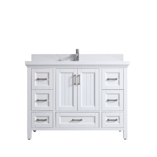 Meuble-lavabo sur pied blanc de 48 po avec un seul lavabo et un comptoir en quartz Calacatta de 4 cm d'épaisseur, collection Nevada