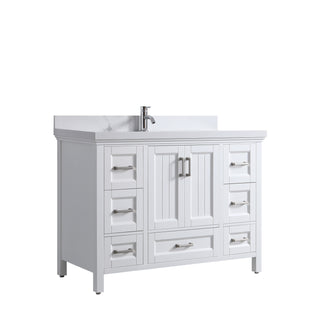 Meuble-lavabo sur pied blanc de 48 po avec un seul lavabo et un comptoir en quartz Calacatta de 4 cm d'épaisseur, collection Nevada