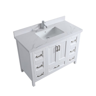 Meuble-lavabo sur pied blanc de 48 po avec un seul lavabo et un comptoir en quartz Calacatta de 4 cm d'épaisseur, collection Nevada