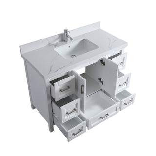 Meuble-lavabo sur pied blanc de 48 po avec un seul lavabo et un comptoir en quartz Calacatta de 4 cm d'épaisseur, collection Nevada
