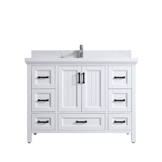 Meuble-lavabo sur pied blanc de 48 po avec un seul lavabo et un comptoir en quartz Calacatta de 4 cm d'épaisseur, collection Nevada
