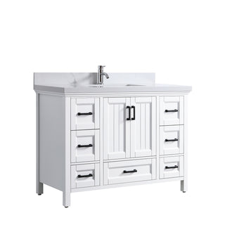 Meuble-lavabo sur pied blanc de 48 po avec un seul lavabo et un comptoir en quartz Calacatta de 4 cm d'épaisseur, collection Nevada