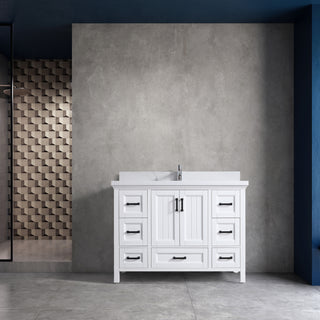 Meuble-lavabo sur pied blanc de 48 po avec un seul lavabo et un comptoir en quartz Calacatta de 4 cm d'épaisseur, collection Nevada