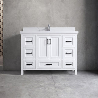 Meuble-lavabo sur pied blanc de 48 po avec un seul lavabo et un comptoir en quartz Calacatta de 4 cm d'épaisseur, collection Nevada