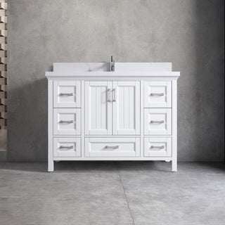 Meuble-lavabo sur pied blanc de 48 po avec un seul lavabo et un comptoir en quartz Calacatta de 4 cm d'épaisseur, collection Nevada