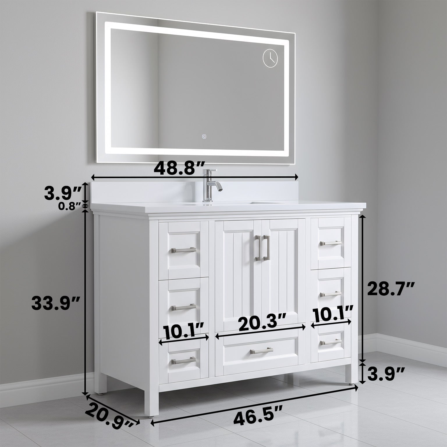 Meuble-lavabo autoportant blanc 48 po avec comptoir en marbre blanc reconstitué