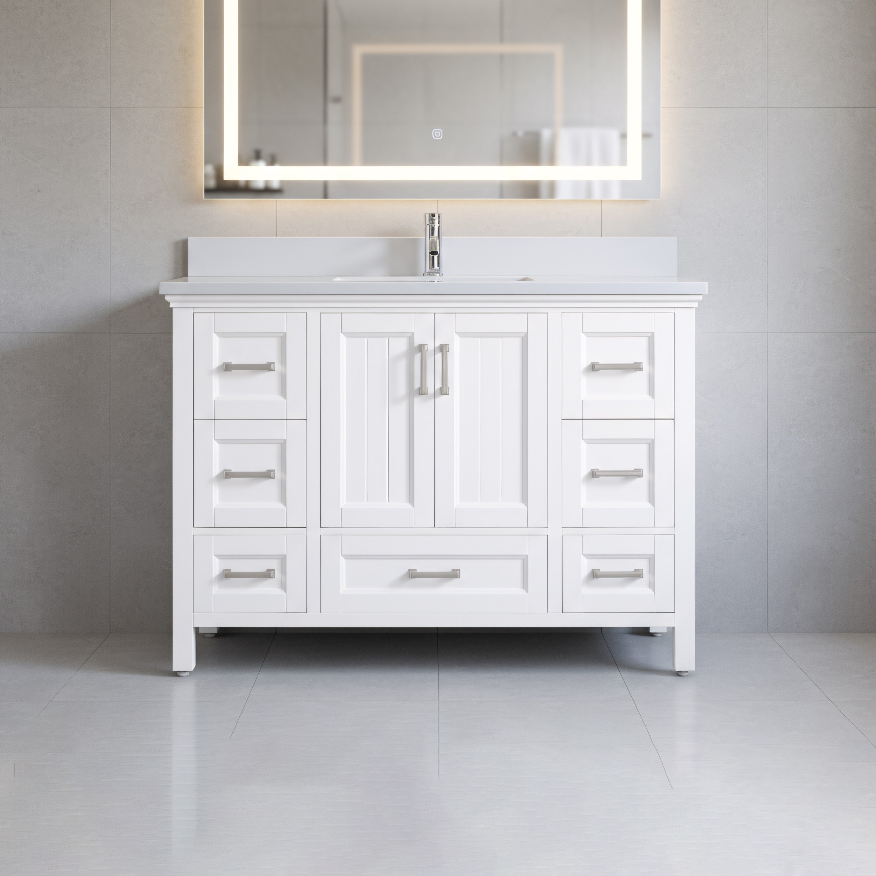 Meuble-lavabo autoportant blanc 48 po avec comptoir en marbre blanc reconstitué