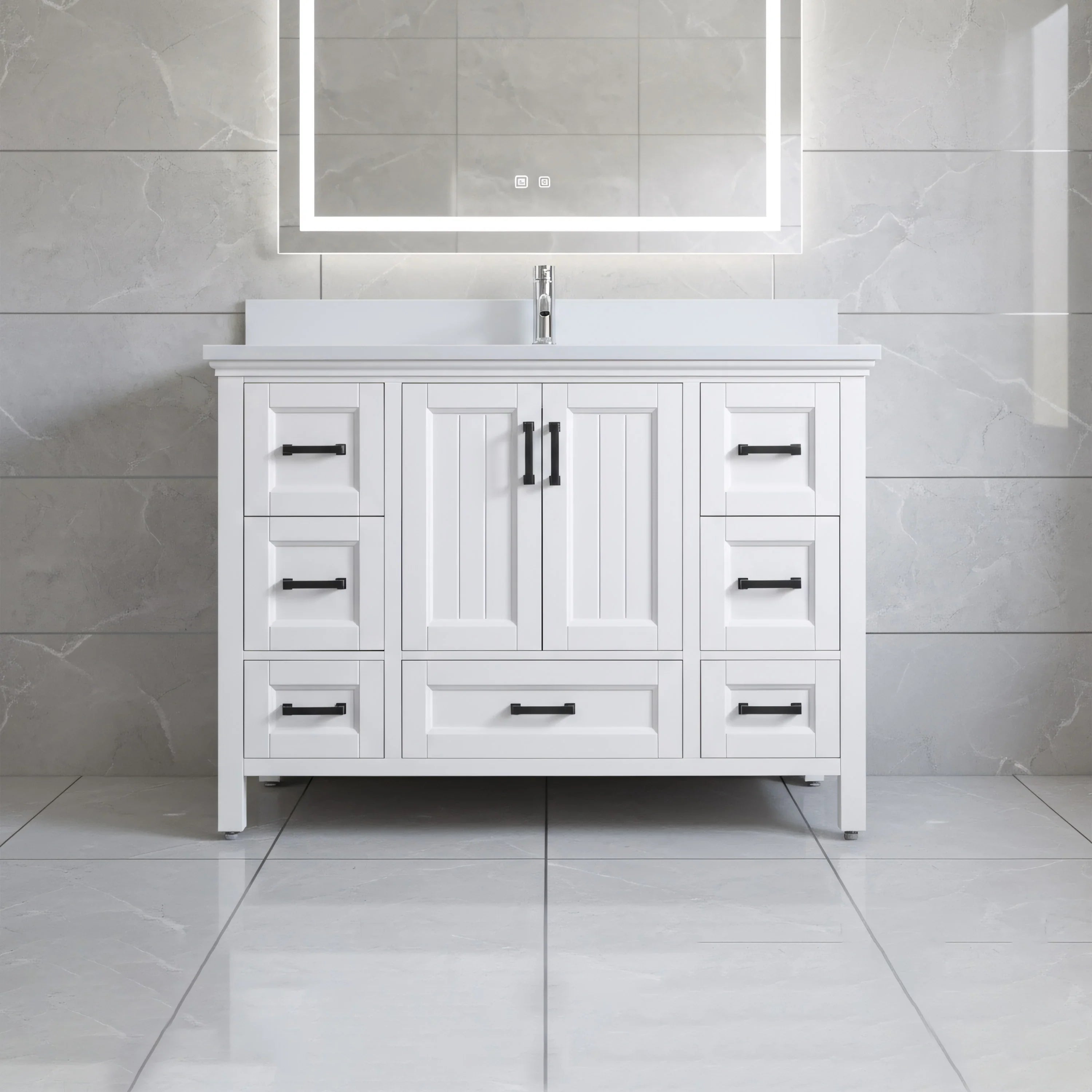 48" White Freestanding Single Sink Bathroom Vanity with Engineered White Marble Countertop