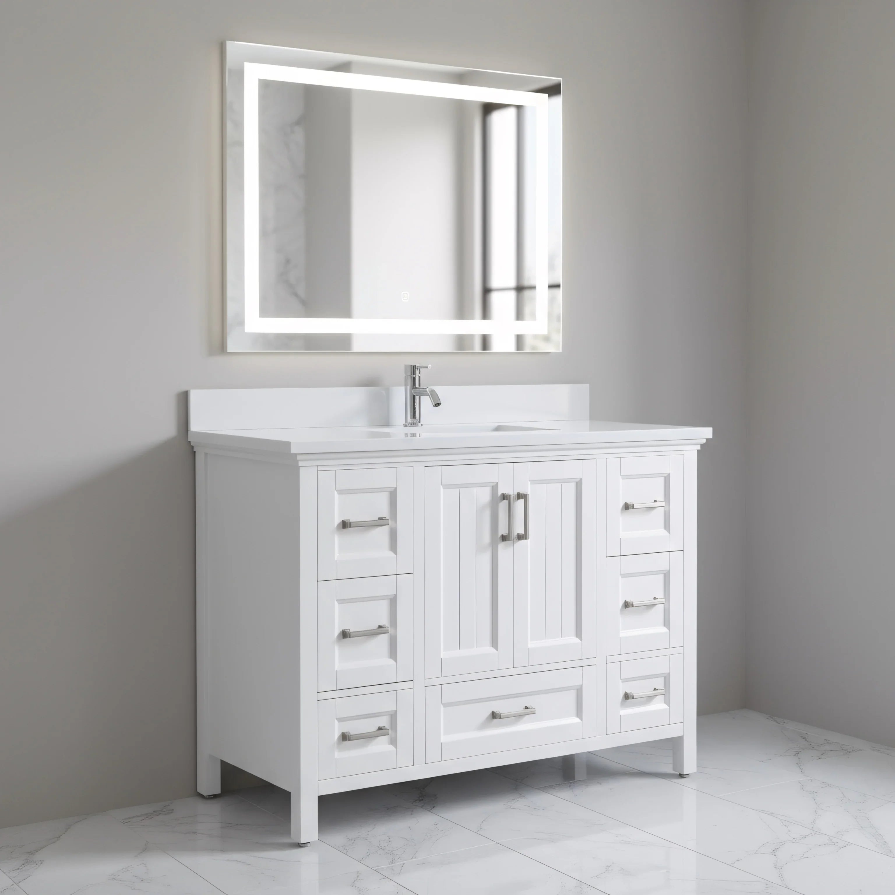 48" White Freestanding Single Sink Bathroom Vanity with Engineered White Marble Countertop