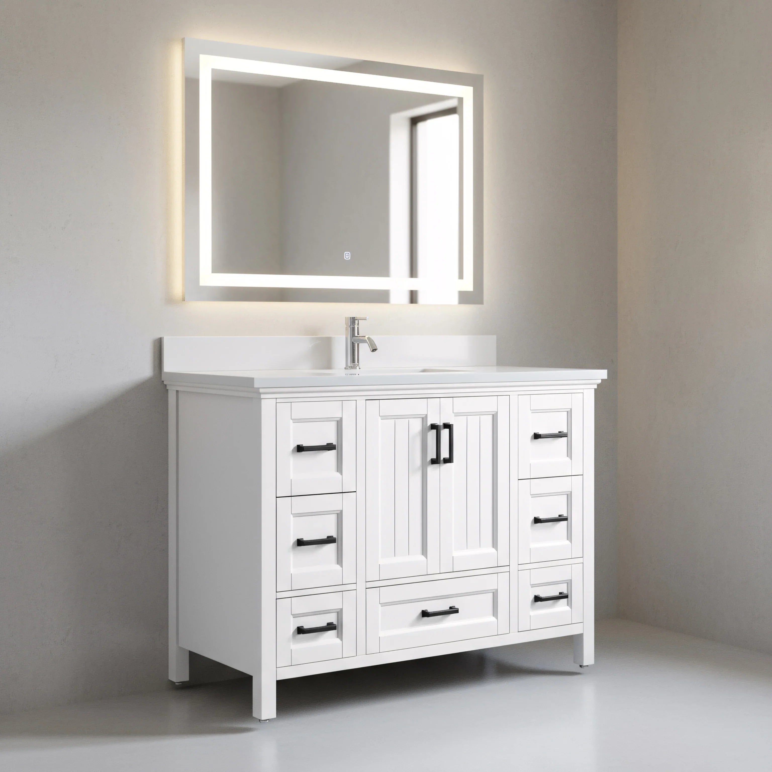 48" White Freestanding Single Sink Bathroom Vanity with Engineered White Marble Countertop