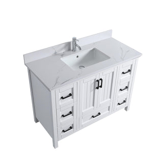 Meuble-Lavabo Autoportant 48po Blanc avec Comptoir de Marbre Ingénierie Calcutta et Poignées Noires Mates