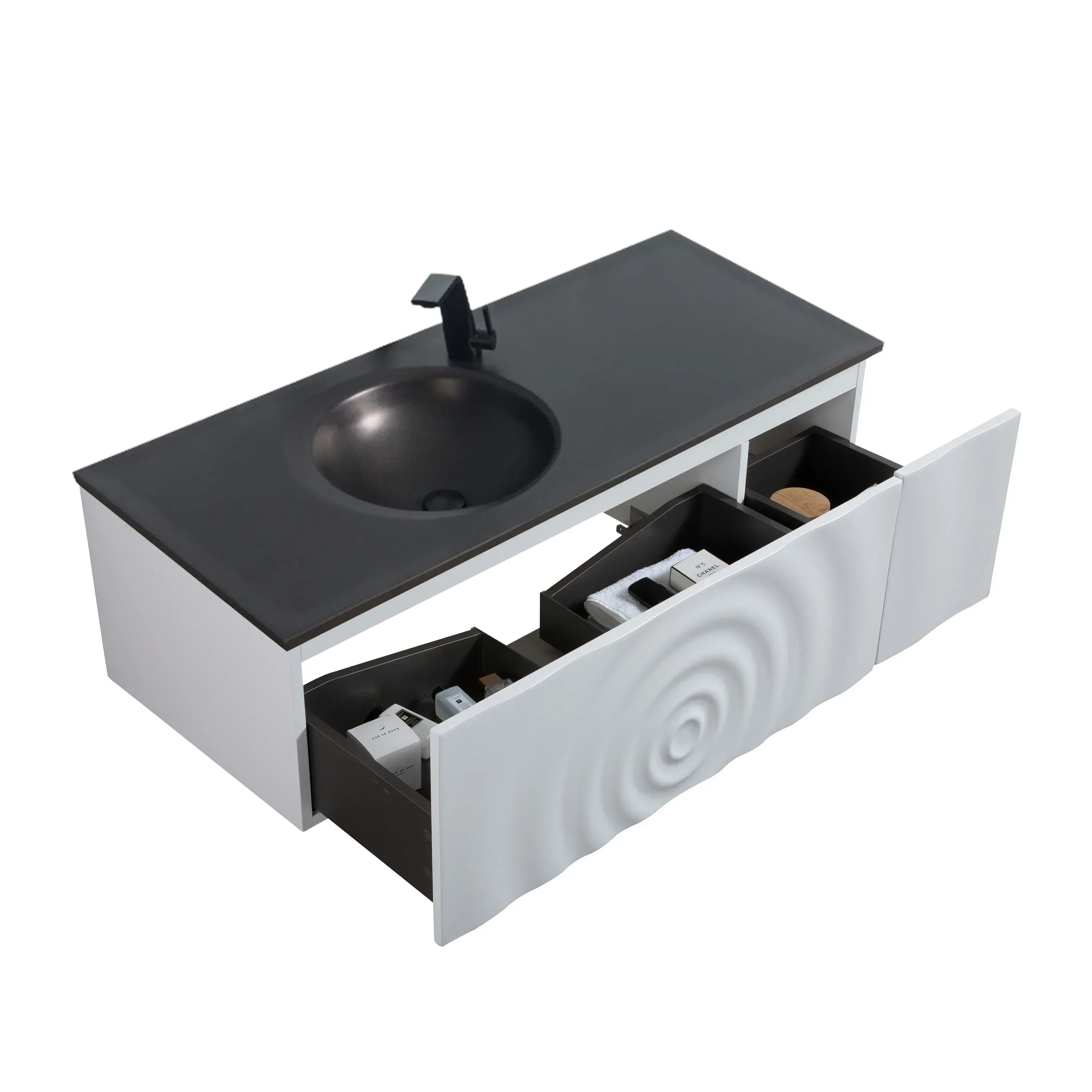 48" Matte White Wall Mount Bathroom Vanity with Black Engineered Quartz Countertop