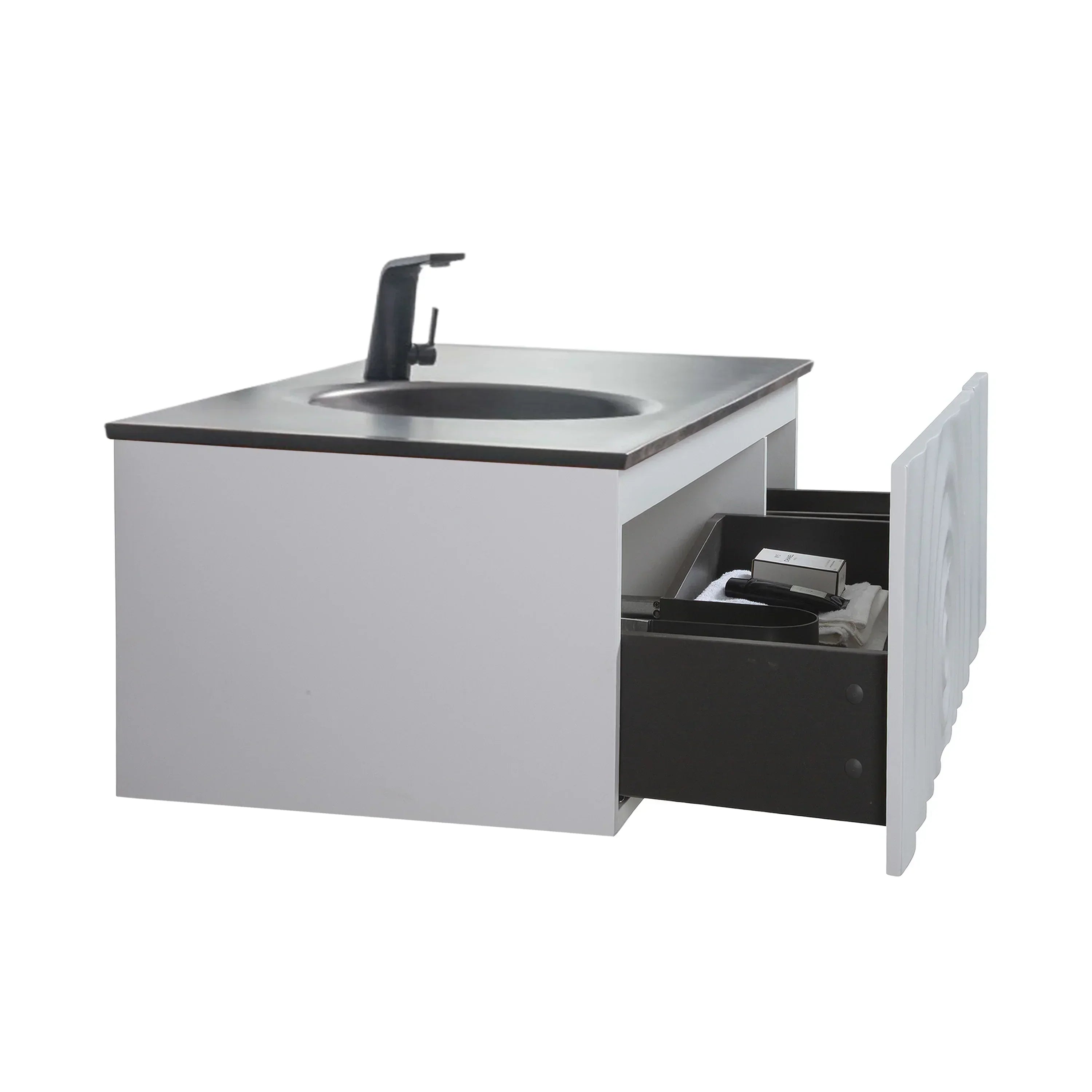 48" Matte White Wall Mount Bathroom Vanity with Black Engineered Quartz Countertop