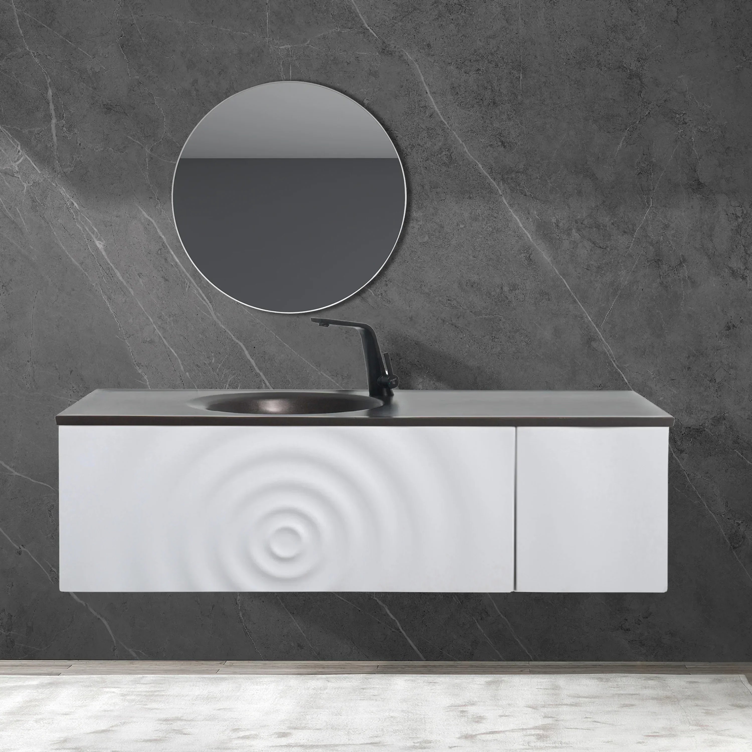 48" Matte White Wall Mount Bathroom Vanity with Black Engineered Quartz Countertop