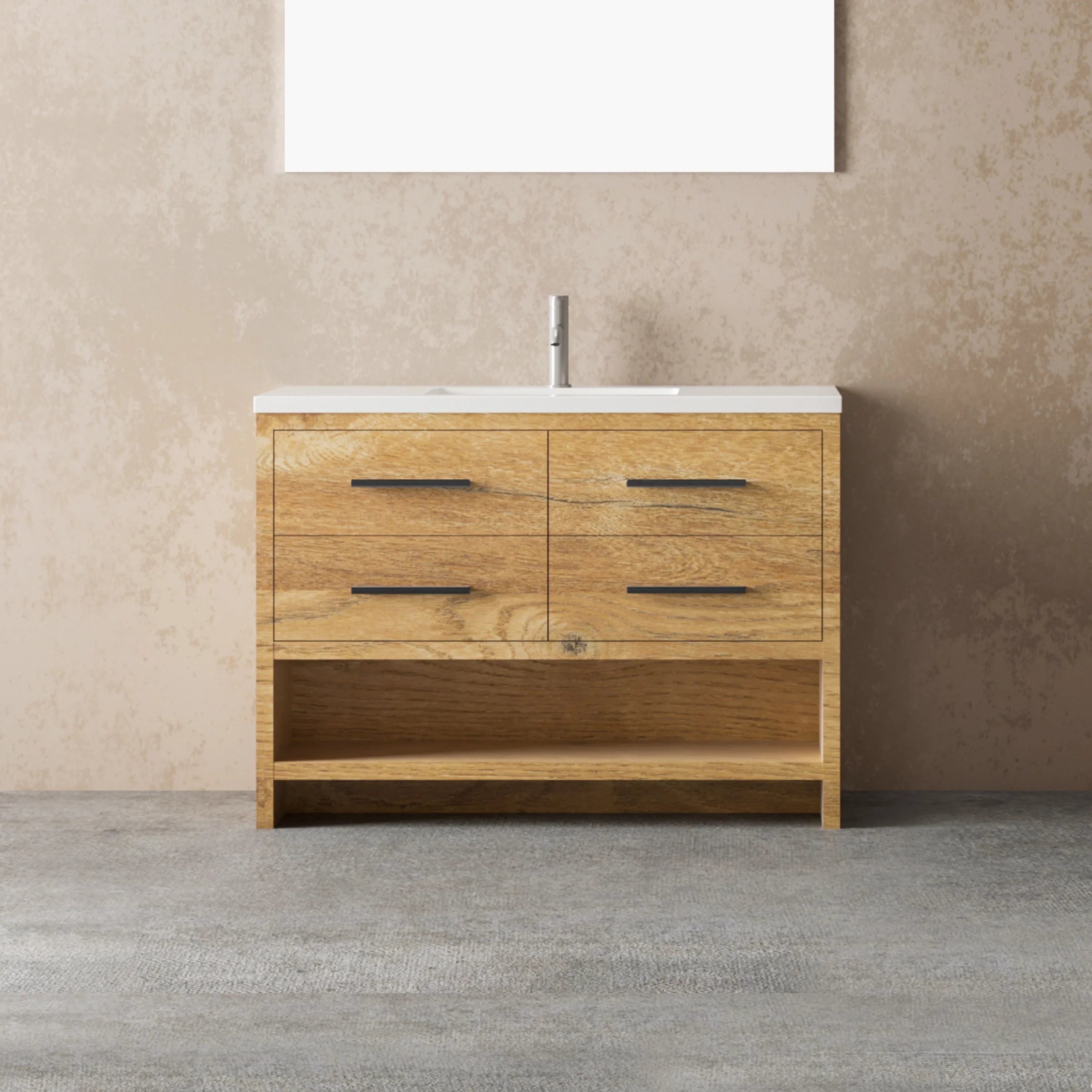 48" Rough Oak Freestanding Bathroom Vanity with White Polymarble Countertop