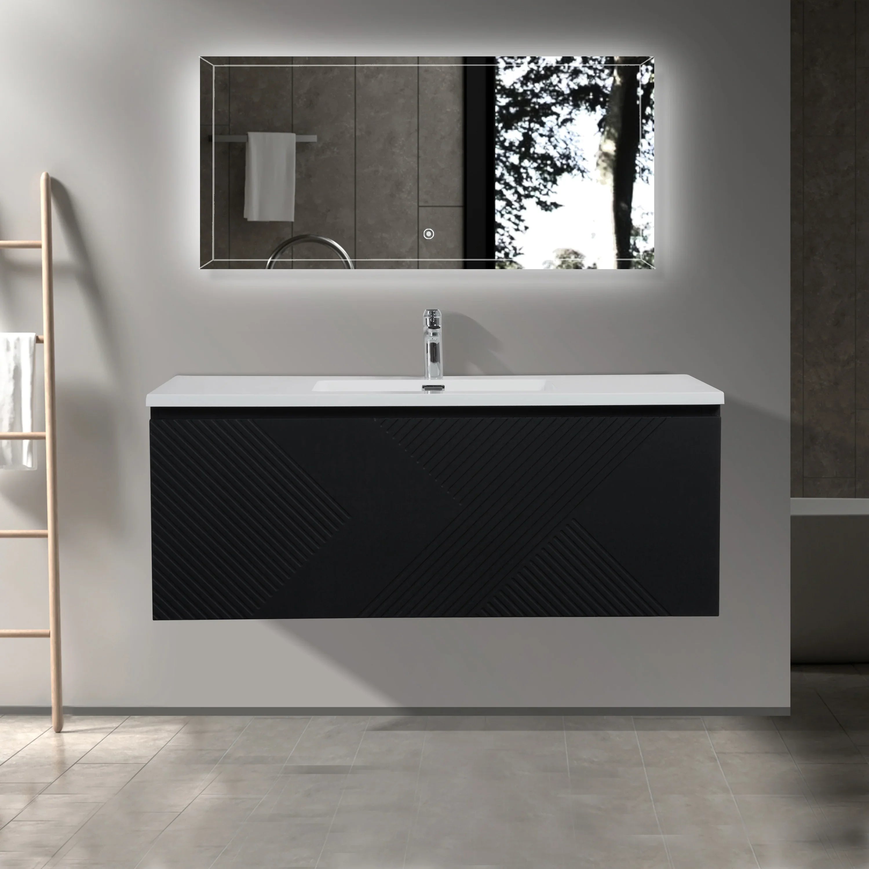 Meuble-Lavabo Mural 48po Noir avec Comptoir en Polymarbre Blanc