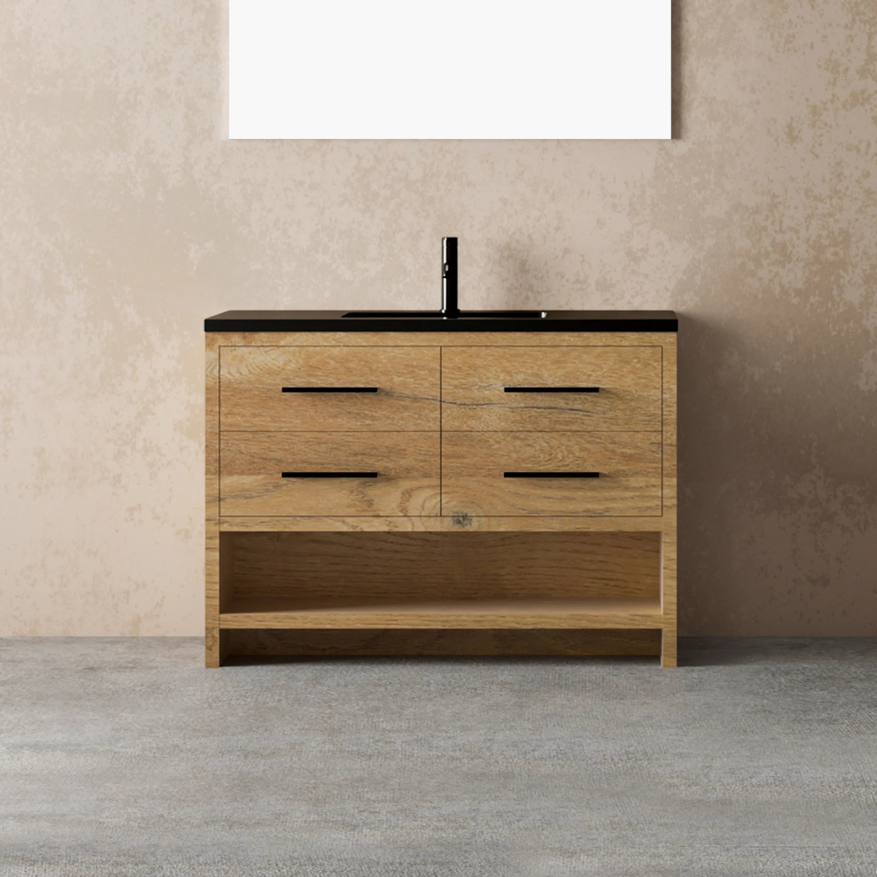 48" Rough Oak Freestanding Bathroom Vanity with Black Engineered Quartz Countertop