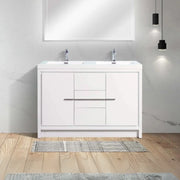 48" Glossy White Freestanding Double Sink Bathroom Vanity with White Polymarble Countertop