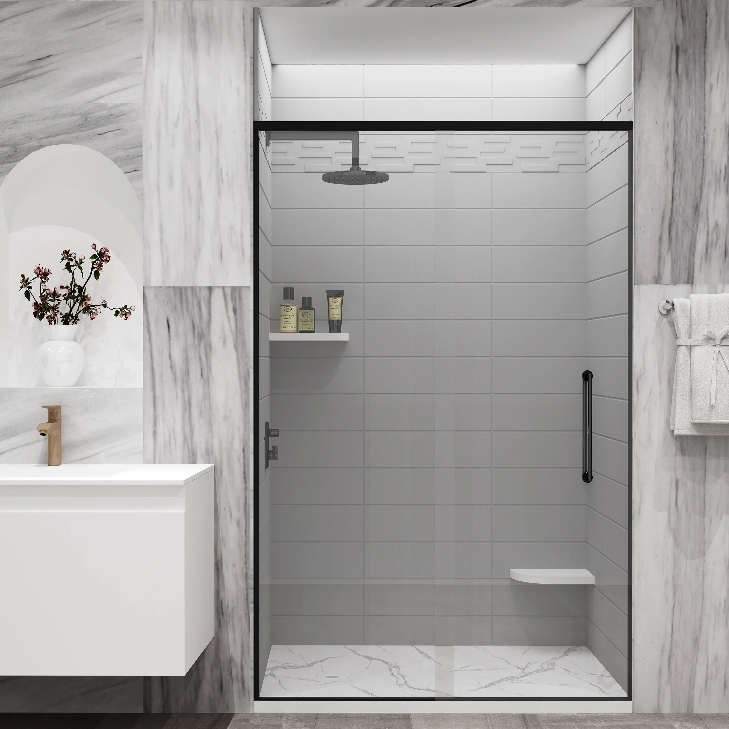 Base de douche en surface solide Calcutta blanc 48po x 32po - Réversible