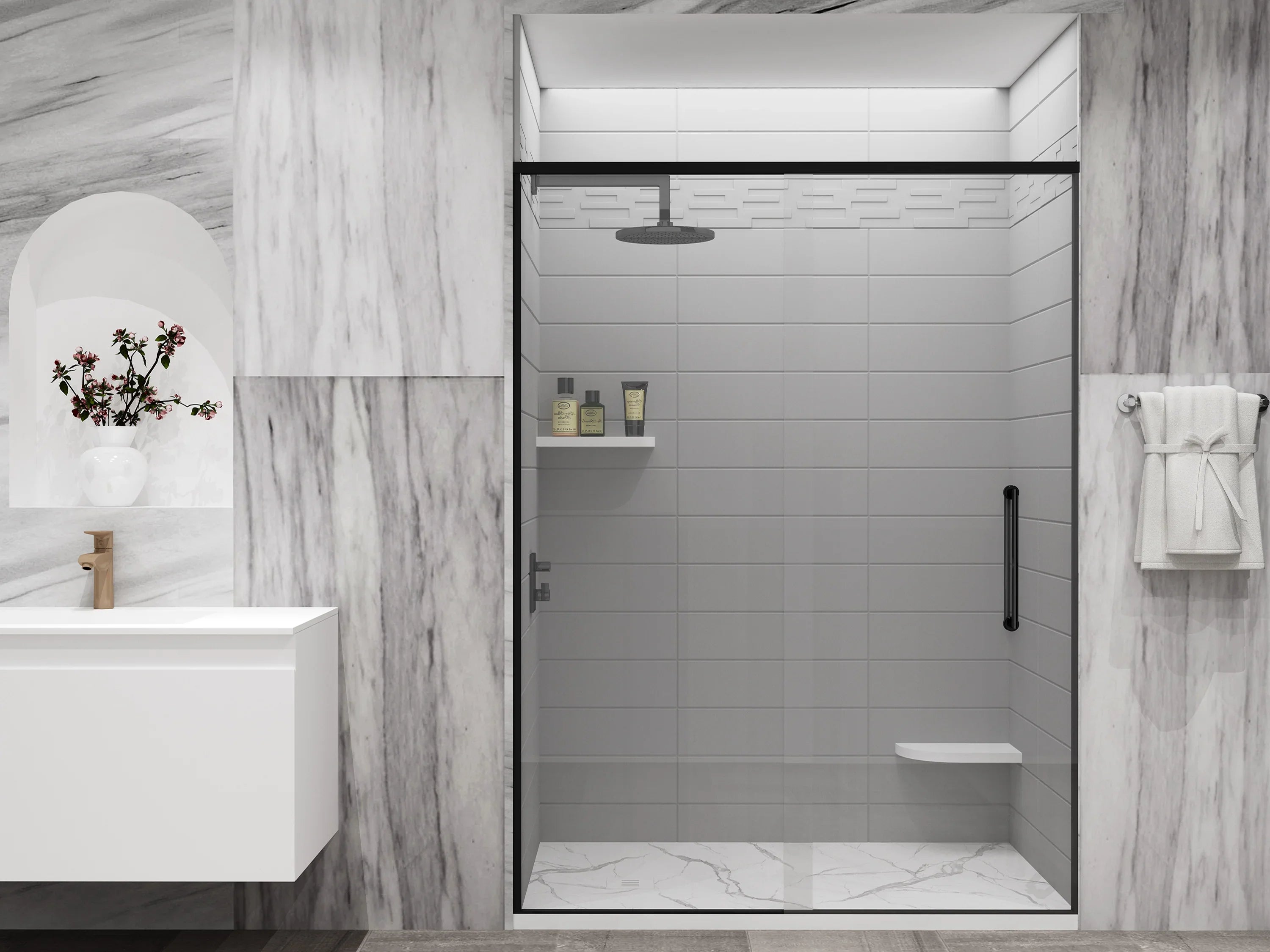 Base de douche en surface solide Calcutta blanc 48po x 32po - Réversible