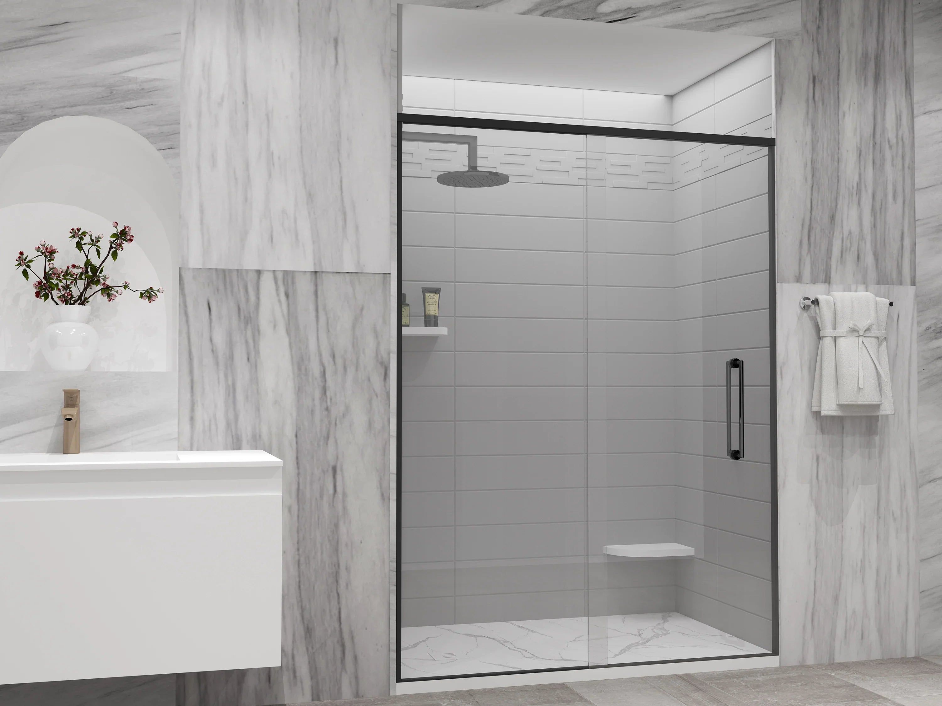 Base de douche en surface solide Calcutta blanc 48po x 32po - Réversible