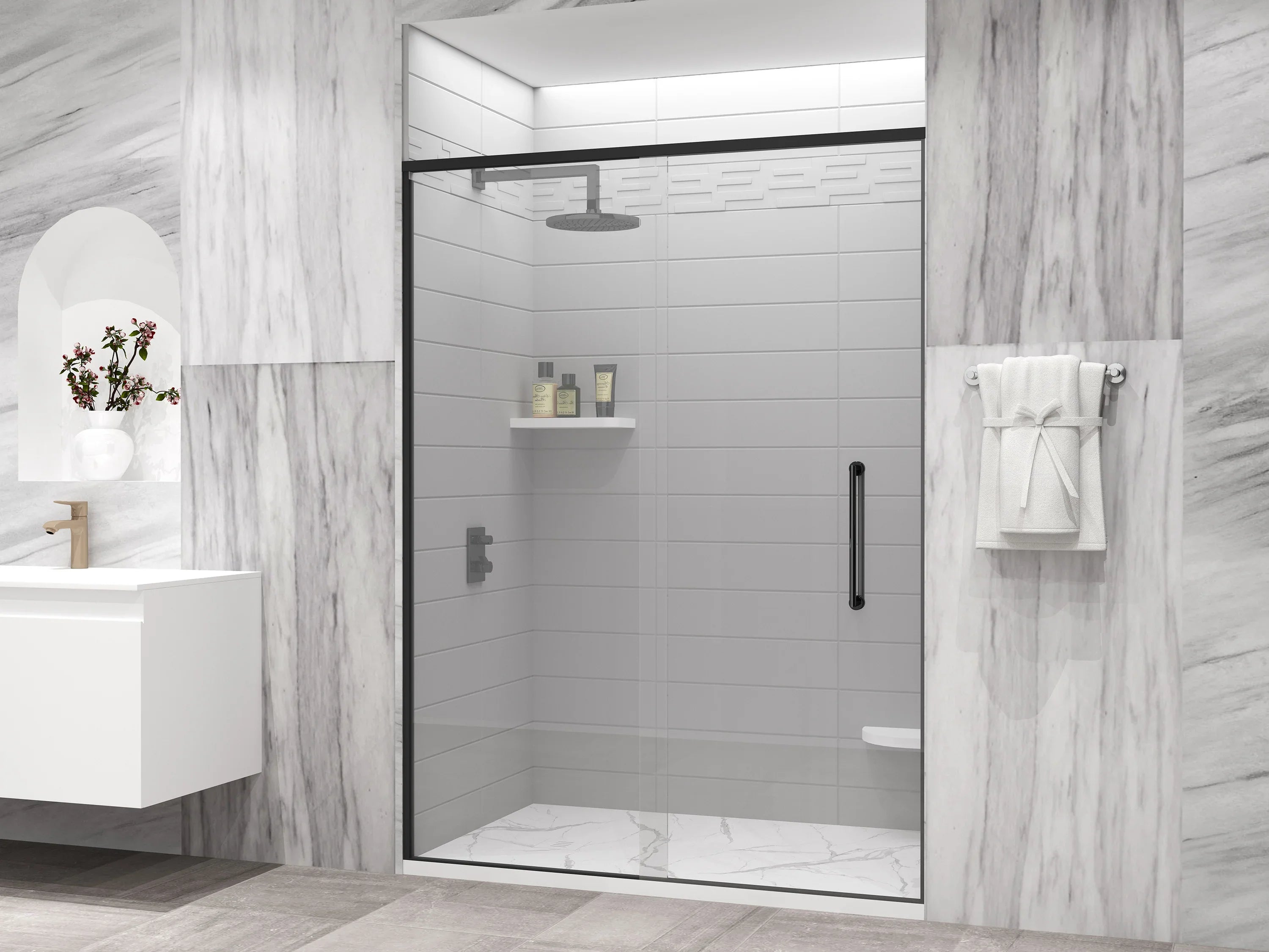 Base de douche en surface solide Calcutta blanc 48po x 32po - Réversible