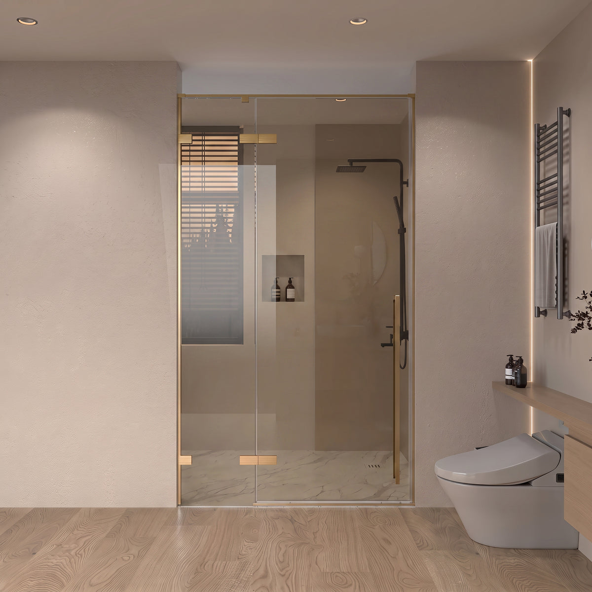 45.6"–46" W (Adjustable Width) x 79" H Frameless Reversible Pivot Shower Door in Brushed Gold with Brown Tinted Glass