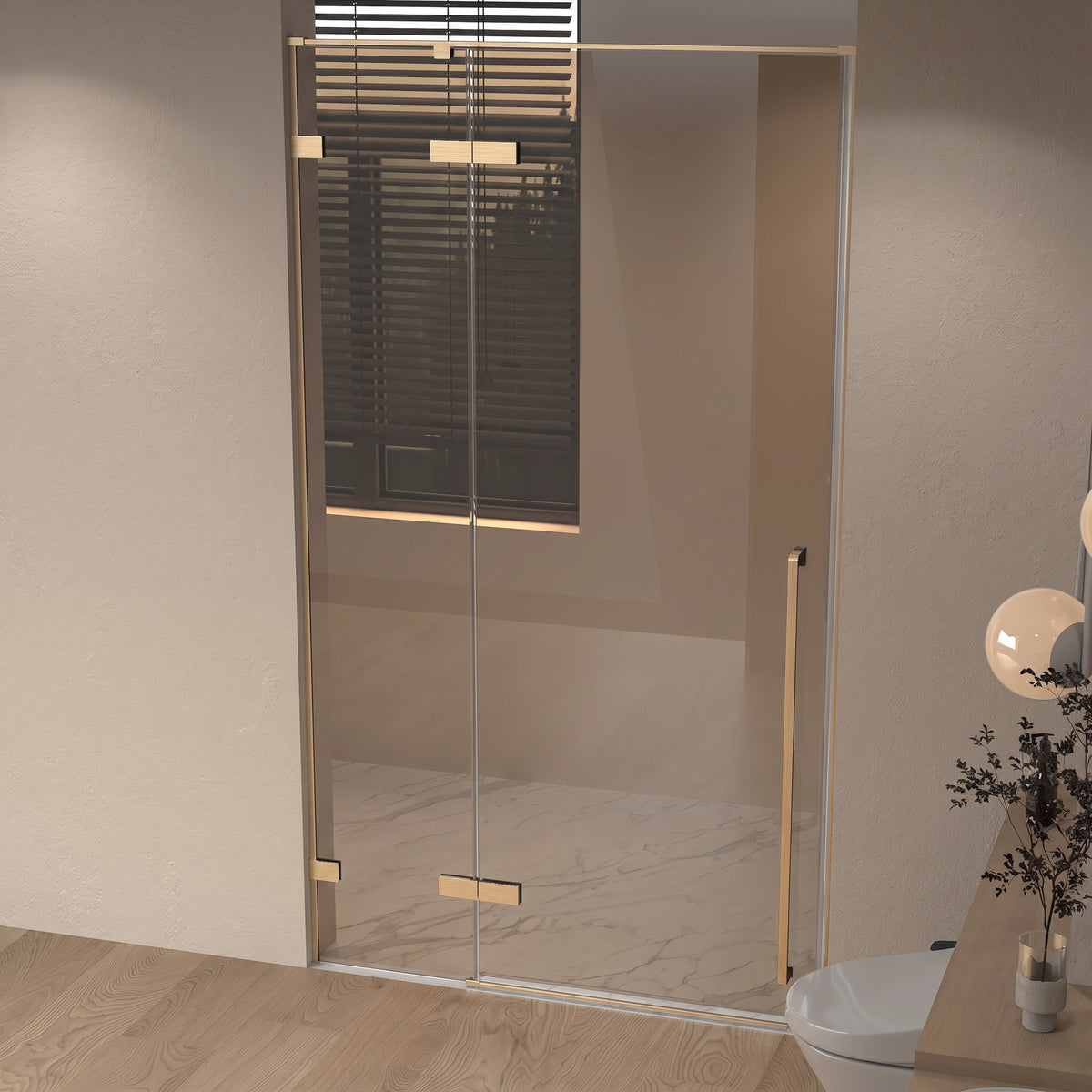 45.6"–46" W (Adjustable Width) x 79" H Frameless Reversible Pivot Shower Door in Brushed Gold with Brown Tinted Glass