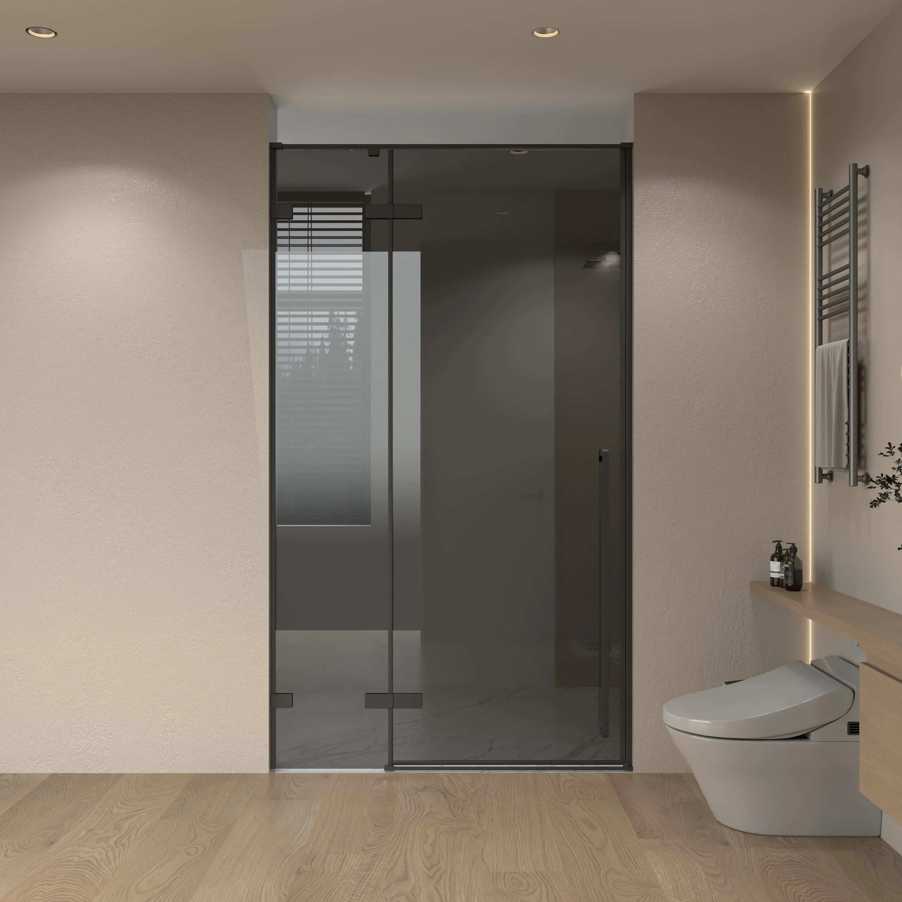 57.6"-58" x 79" Reversible Matte Black Pivot Shower Door with Black Tinted Glass