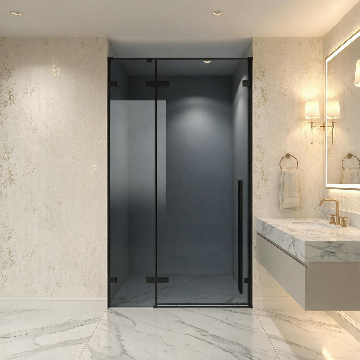 45.6"–46" W (Adjustable Width) x 79" H Frameless Reversible Pivot Shower Door in Matte Black with Black Tinted Glass