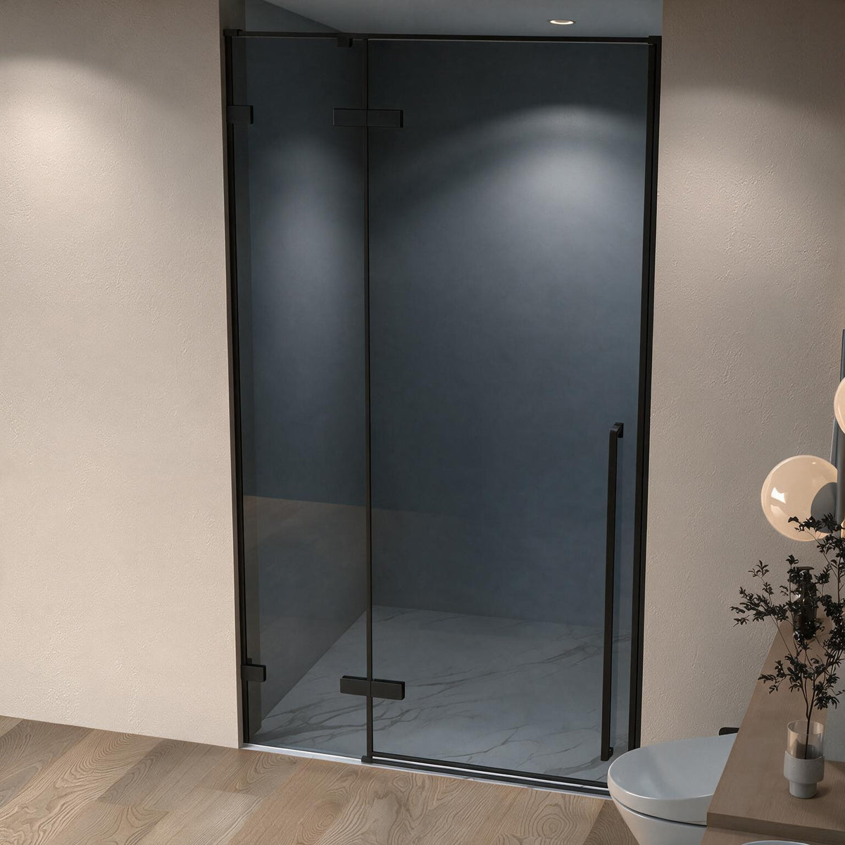 45.6"–46" W (Adjustable Width) x 79" H Frameless Reversible Pivot Shower Door in Matte Black with Black Tinted Glass