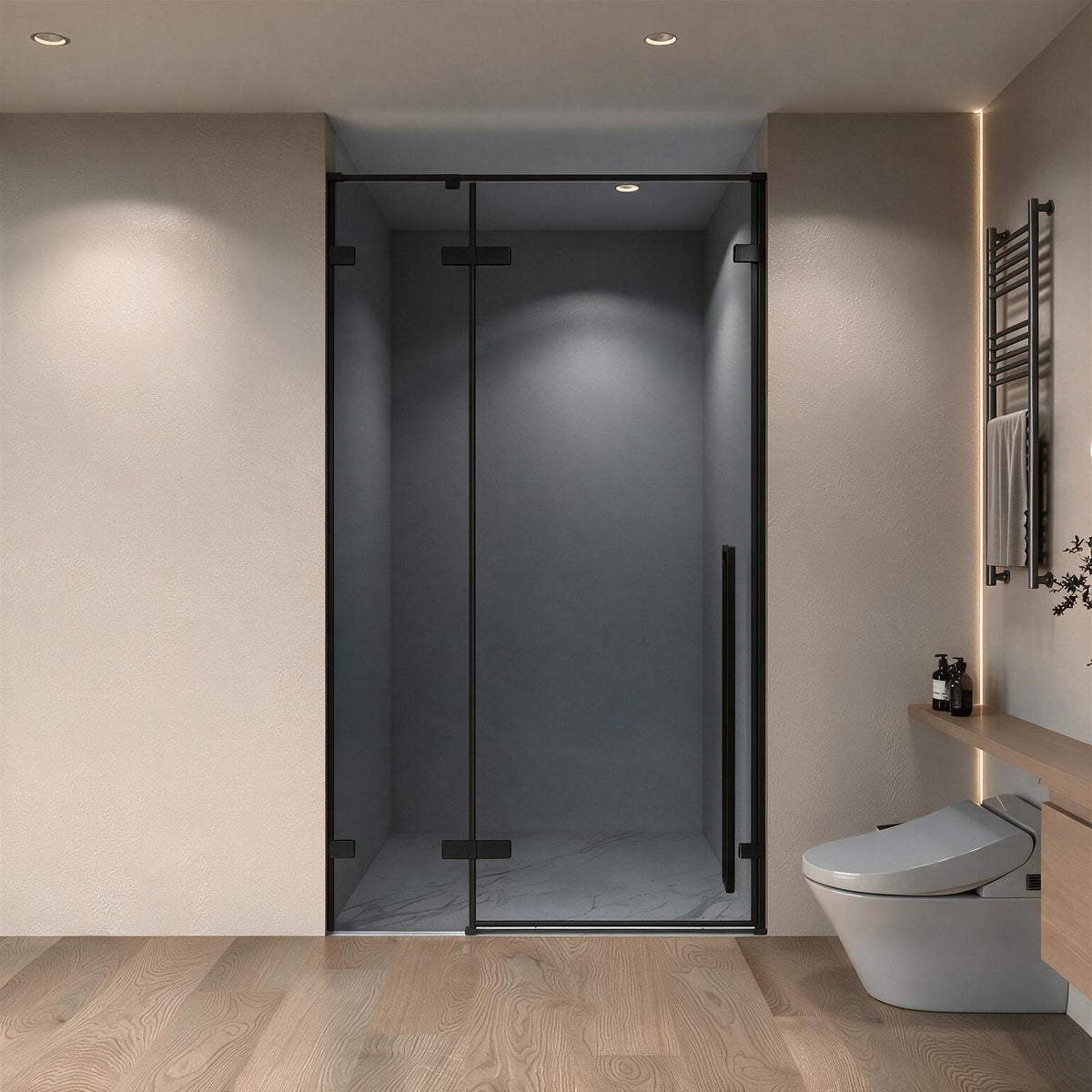 45.6"–46" W (Adjustable Width) x 79" H Frameless Reversible Pivot Shower Door in Matte Black with Black Tinted Glass