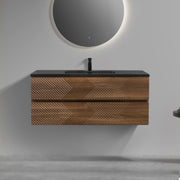 48" Walnut Wall Mount Single Sink Bathroom Vanity with Black Engineered Quartz Countertop