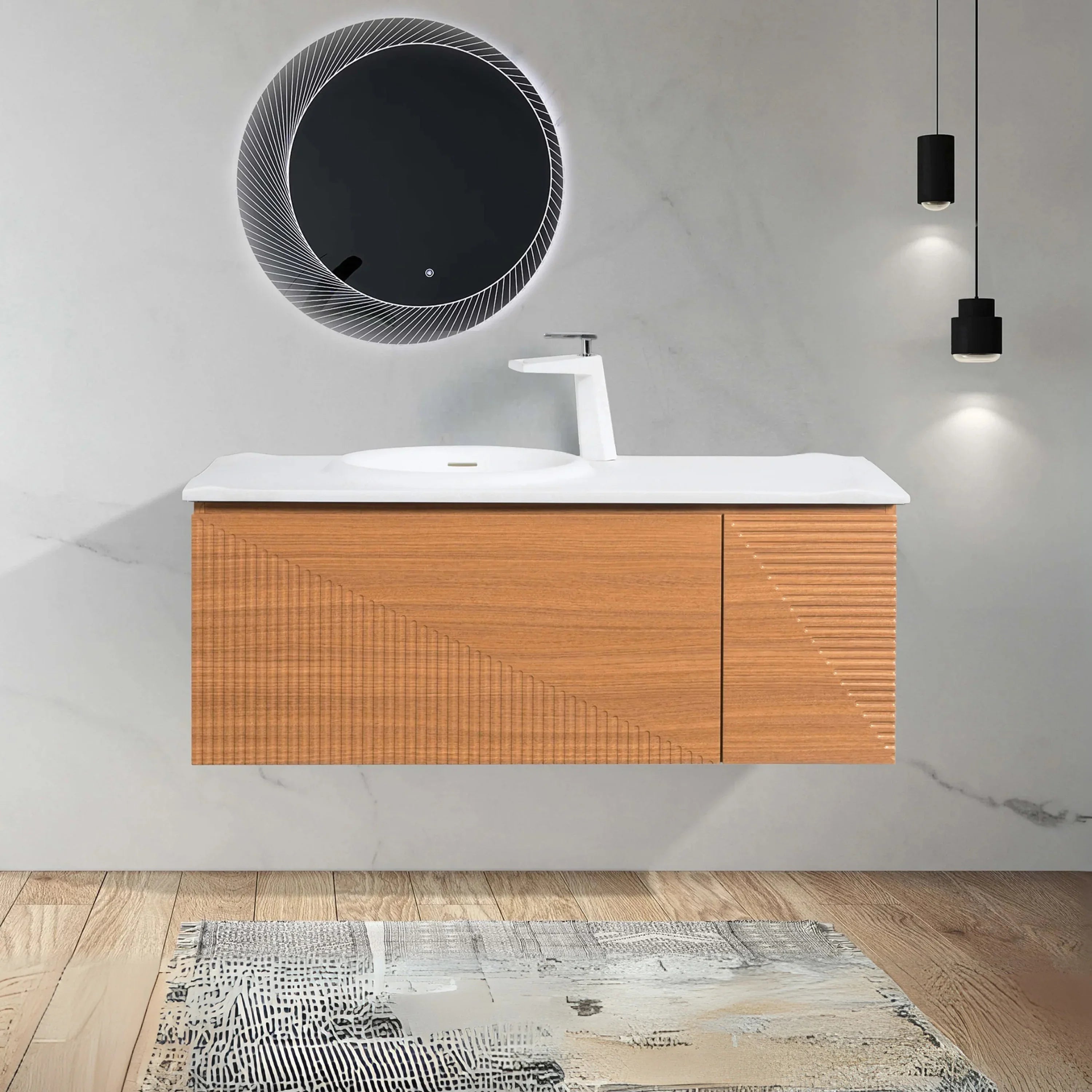 Meuble-Lavabo Mural 48po Chêne Clair avec Comptoir de Surface Solide Blanc