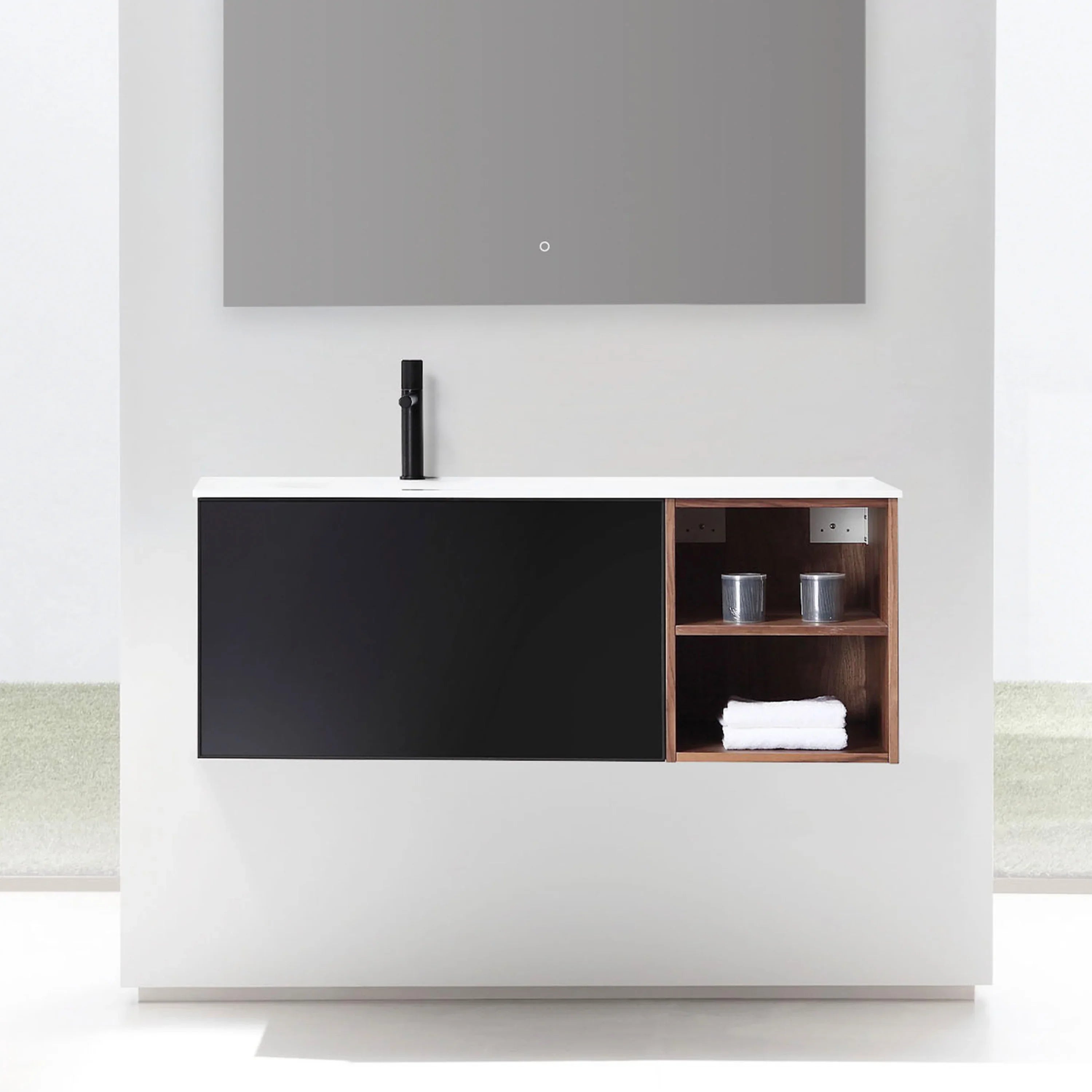 48" Walnut & Matte Black Wall-Mounted Single Sink Bathroom Vanity with Solid Surface Countertop