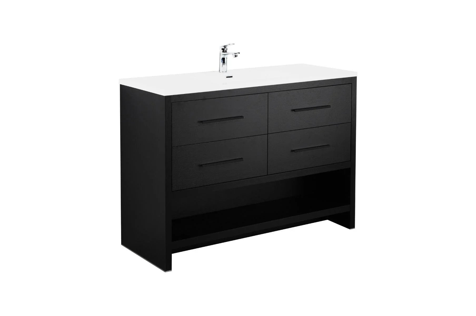 48" Black Rough Oak Freestanding Bathroom Vanity with White Polymarble Countertop - Golden Elite Deco