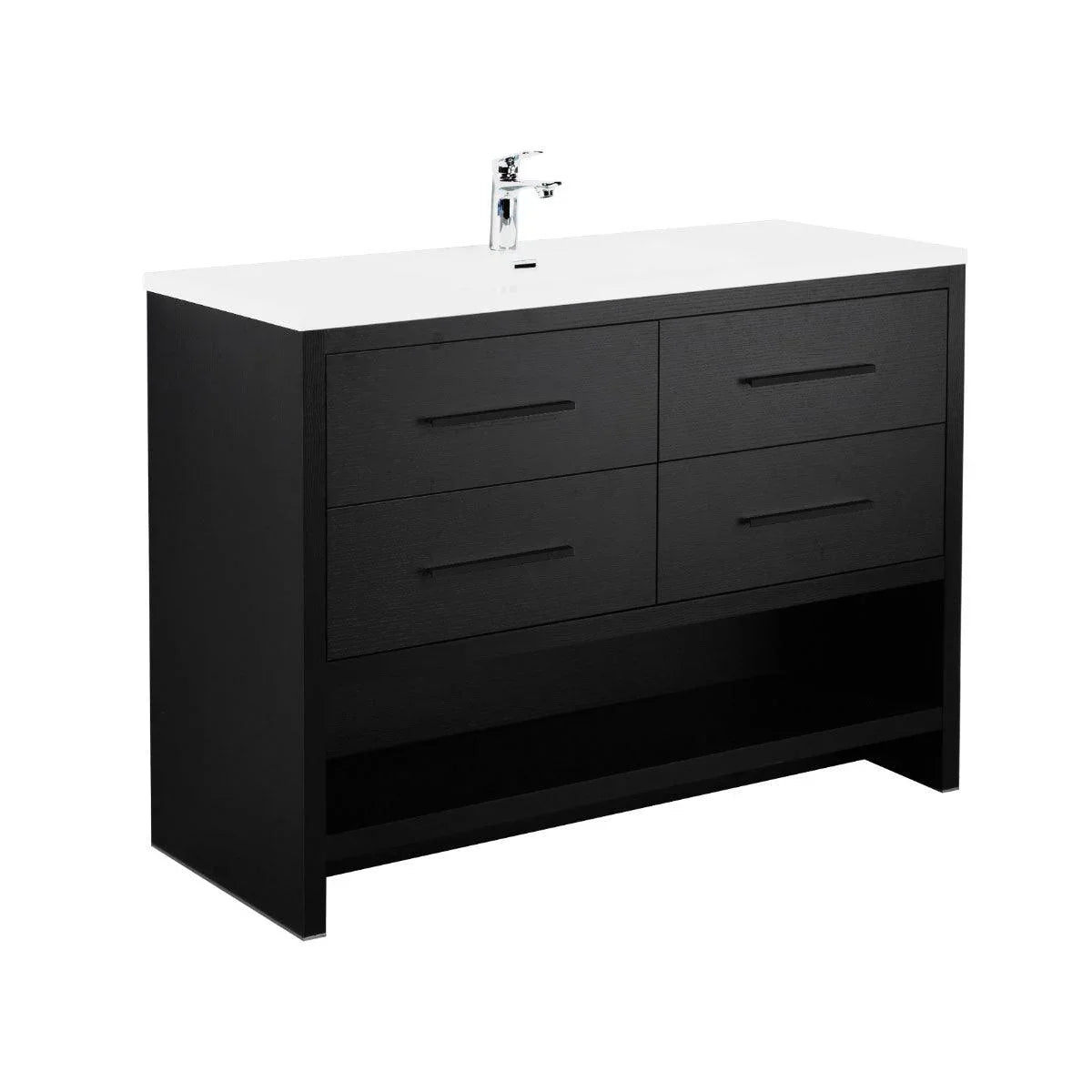 48" Black Rough Oak Freestanding Bathroom Vanity with White Polymarble Countertop - Golden Elite Deco