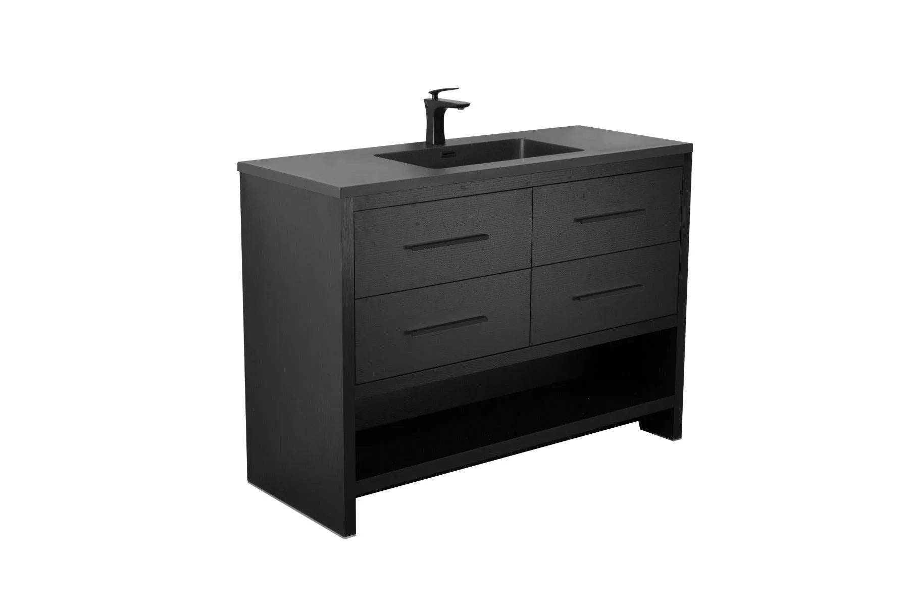 48" Black Rough Oak Freestanding Bathroom Vanity with Black Engineered Quartz Countertop - Golden Elite Deco
