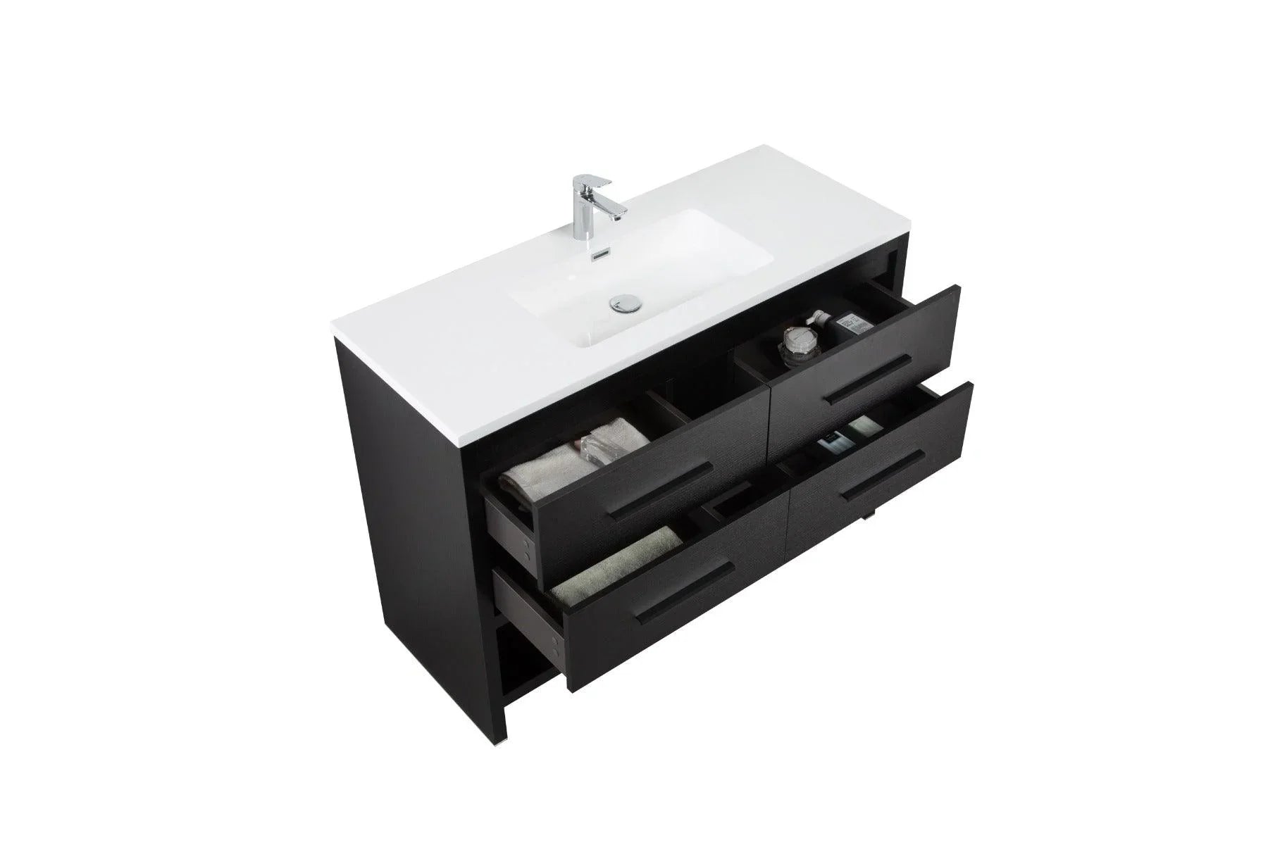 48" Black Rough Oak Freestanding Bathroom Vanity with White Polymarble Countertop - Golden Elite Deco