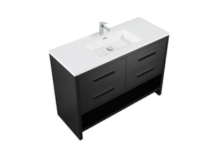 48" Black Rough Oak Freestanding Bathroom Vanity with White Polymarble Countertop - Golden Elite Deco