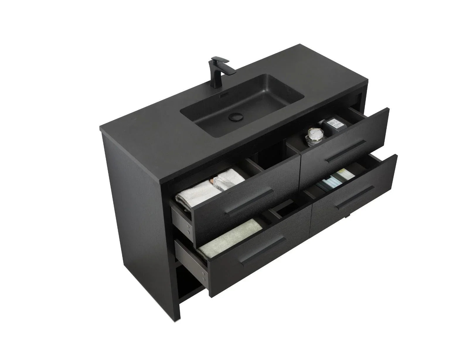 48" Black Rough Oak Freestanding Bathroom Vanity with Black Engineered Quartz Countertop - Golden Elite Deco