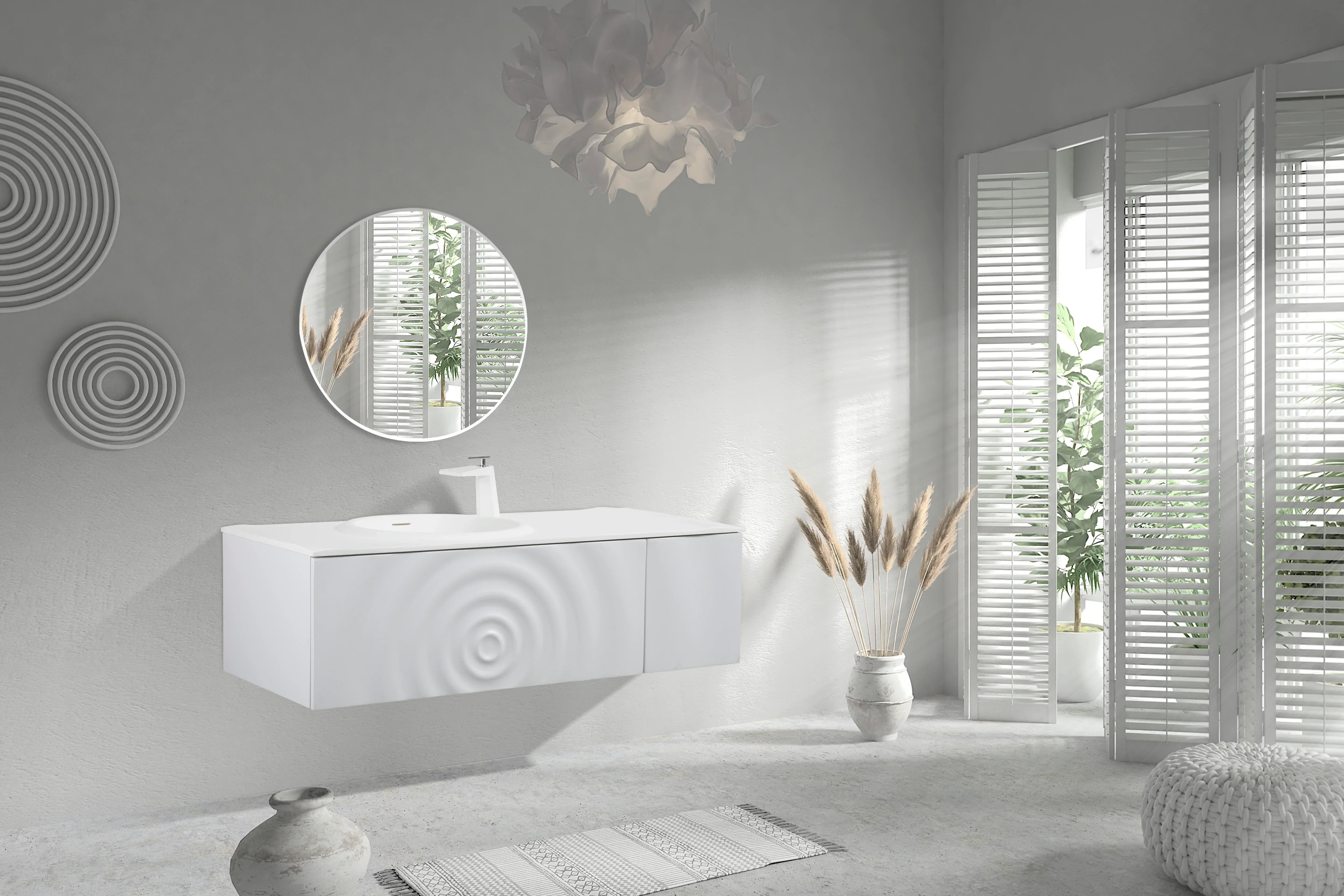 48" Matte White Wall Mount Bathroom Vanity with Matte White Solid Surface Countertop