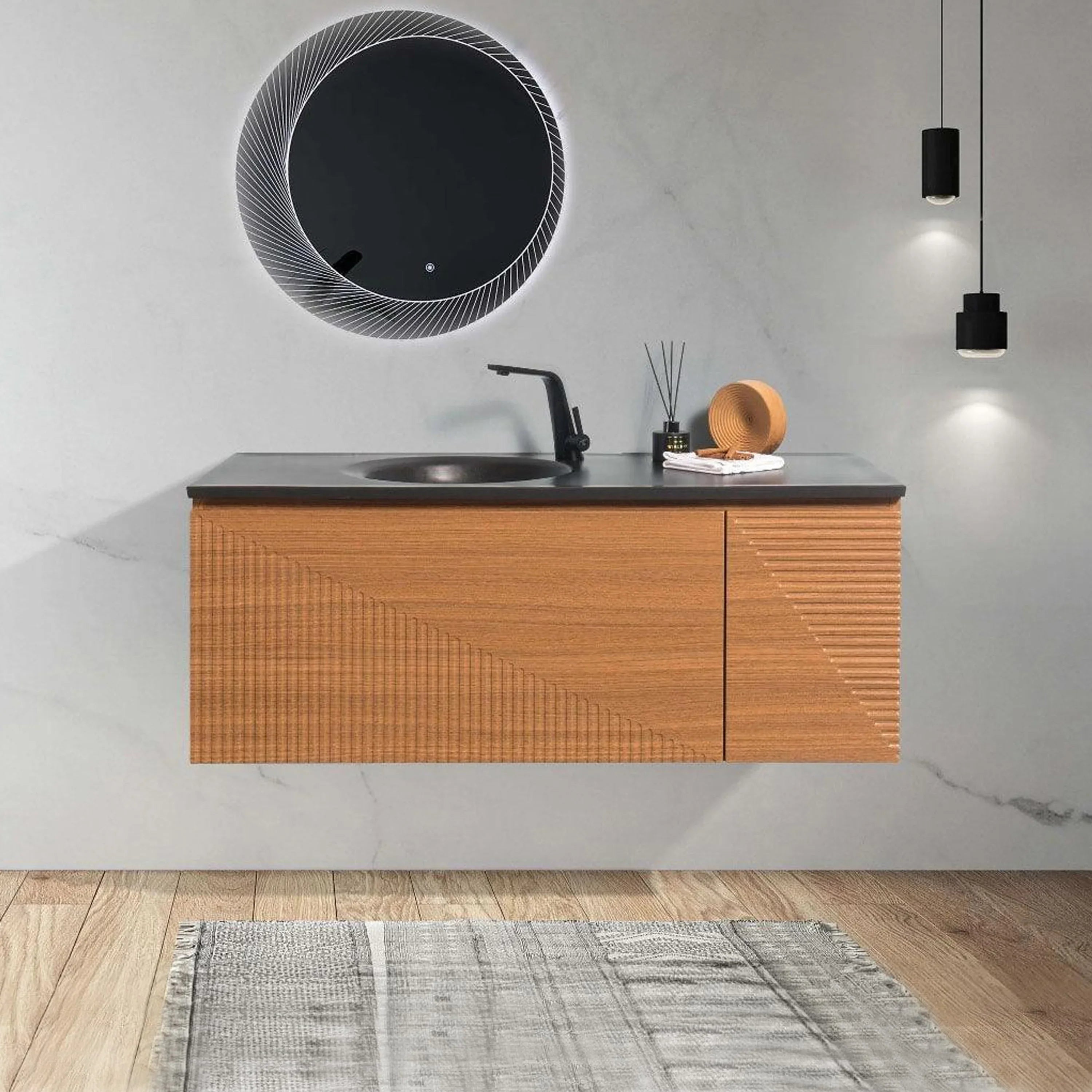 Meuble-Lavabo Mural 48po Chêne Clair avec Comptoir de Quartz d'ingénierie Noir