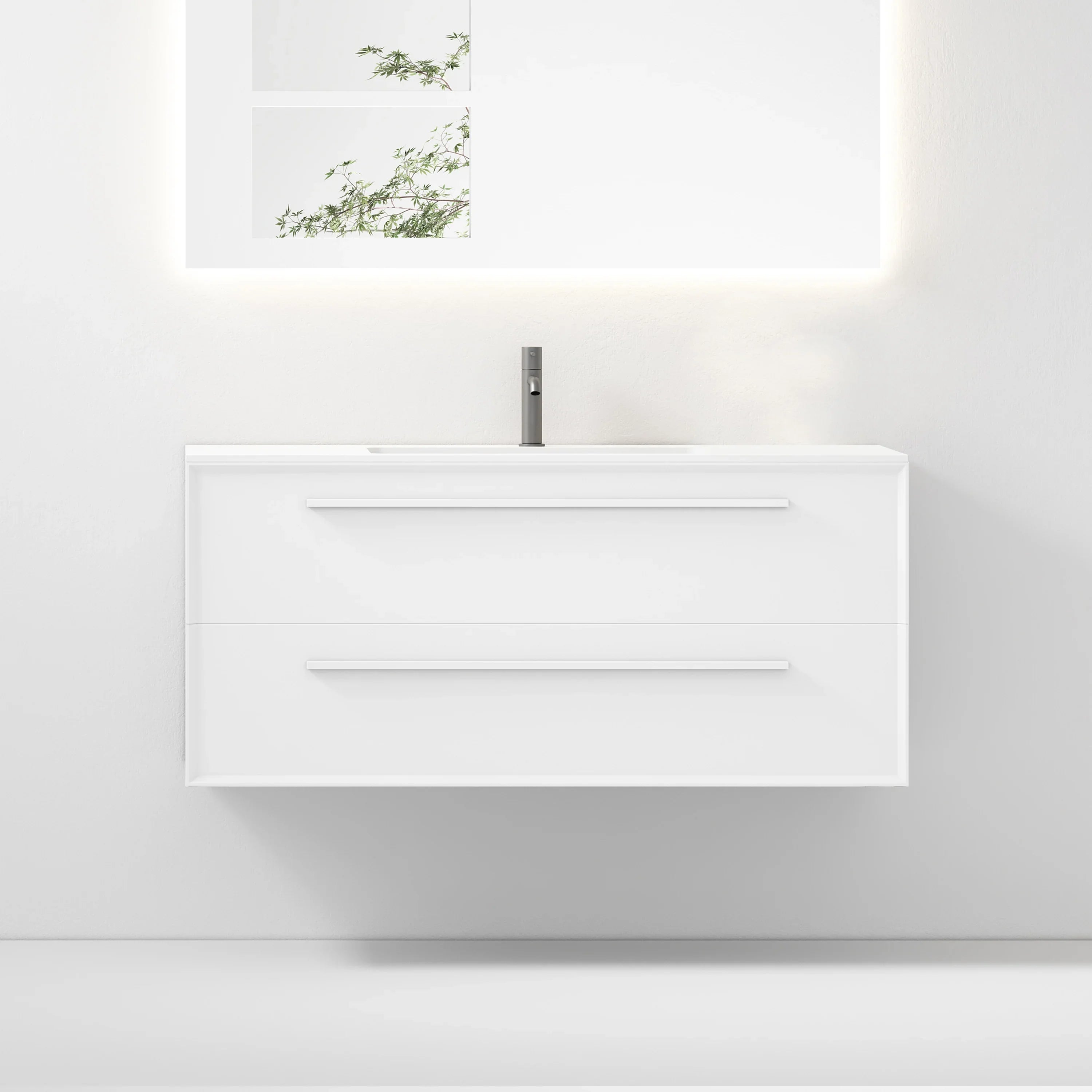 48" White Wall Mount Single Sink Bathroom Vanity with Matte White Solid Surface Countertop