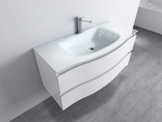 48" White Wall Mount Single Sink Bathroom Vanity with White Glass Countertop Wave - Golden Elite Deco