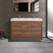 48" Walnut Freestanding Double Sink Bathroom Vanity with White Polymarble Countertop
