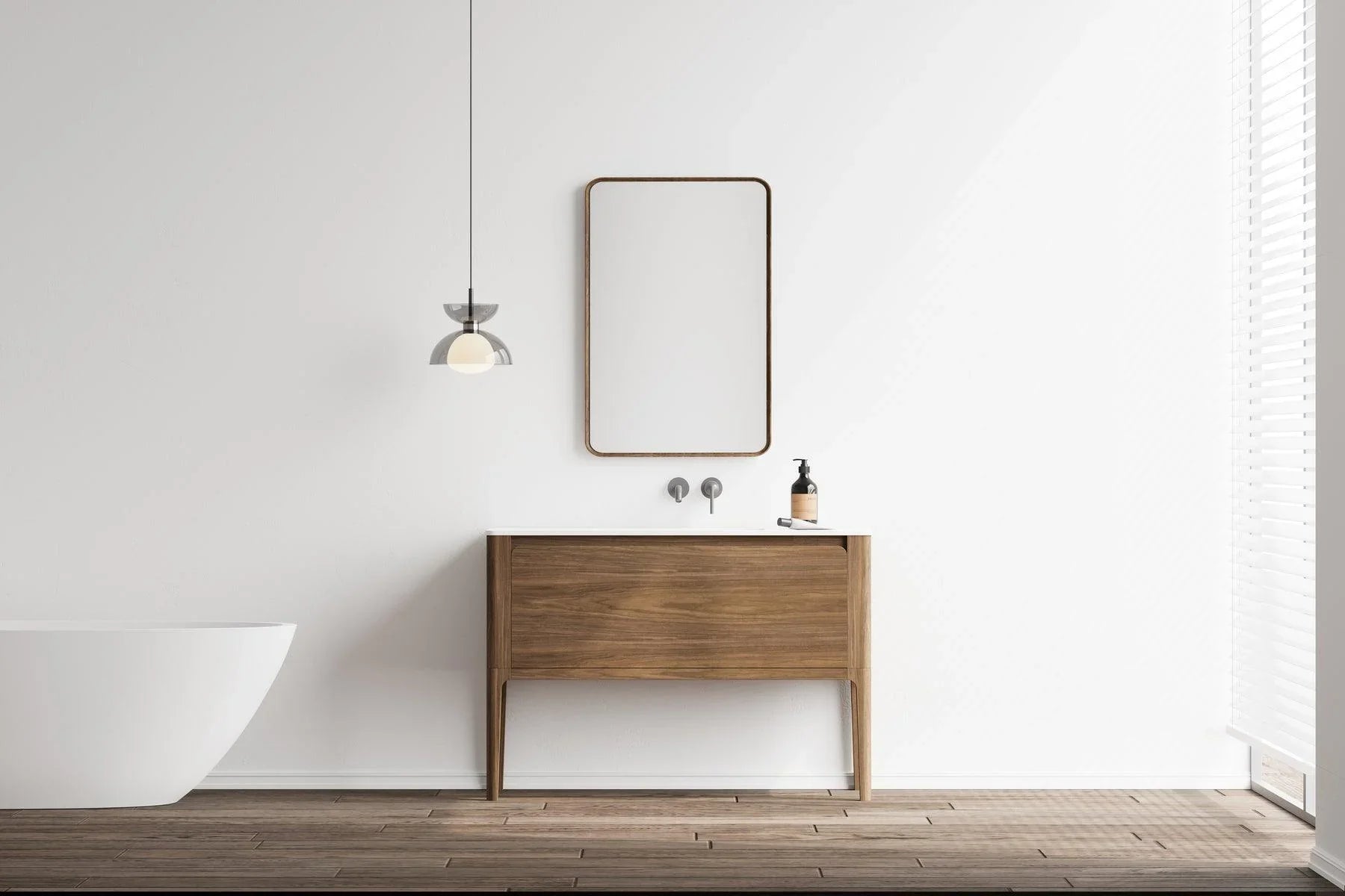 48" Walnut Wall Mount Single Sink Bathroom Vanity with Matte White Solid Surface Countertop Fairview - Golden Elite Deco