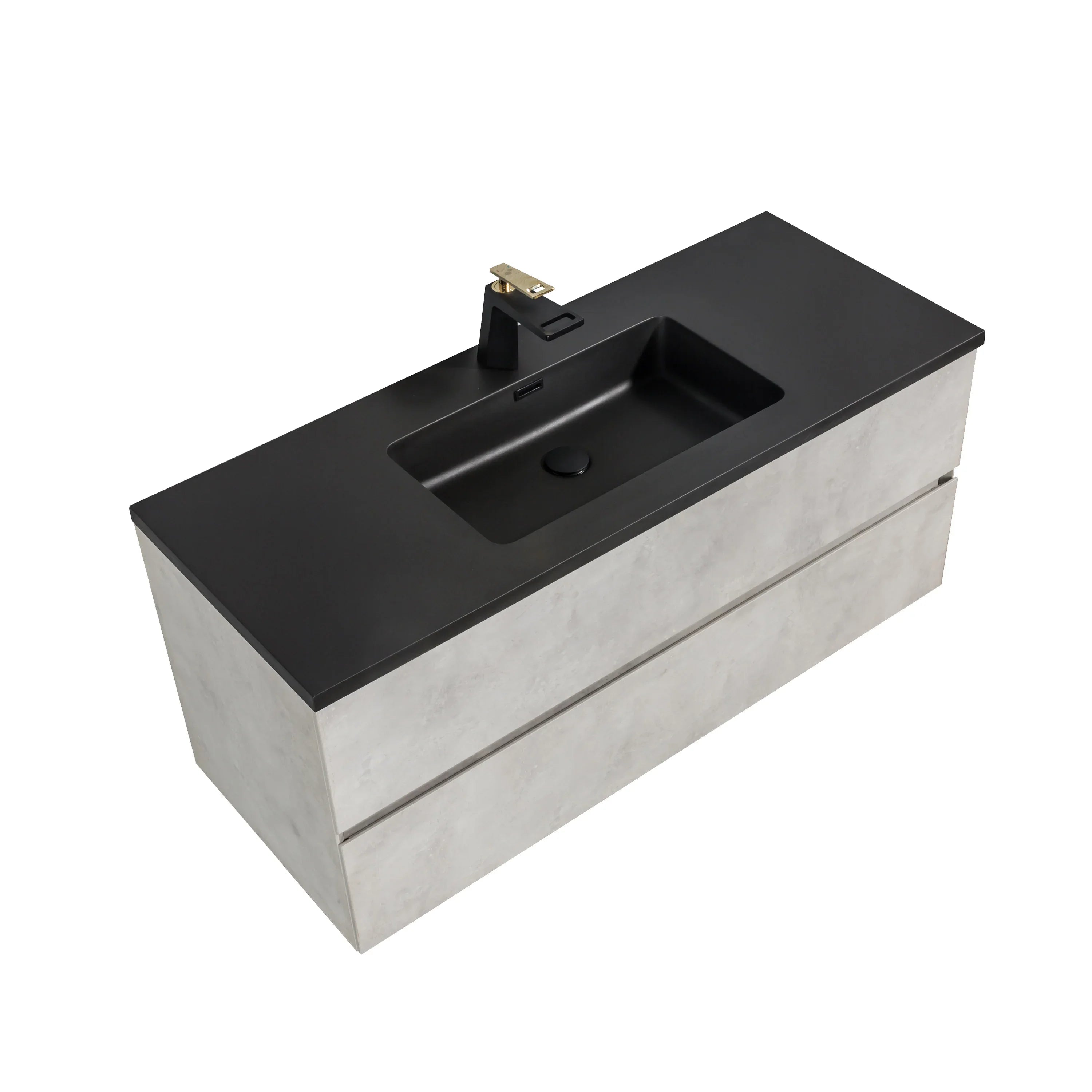 48" Grey Wall Mount Single Sink Bathroom Vanity with Black Engineered Quartz Countertop