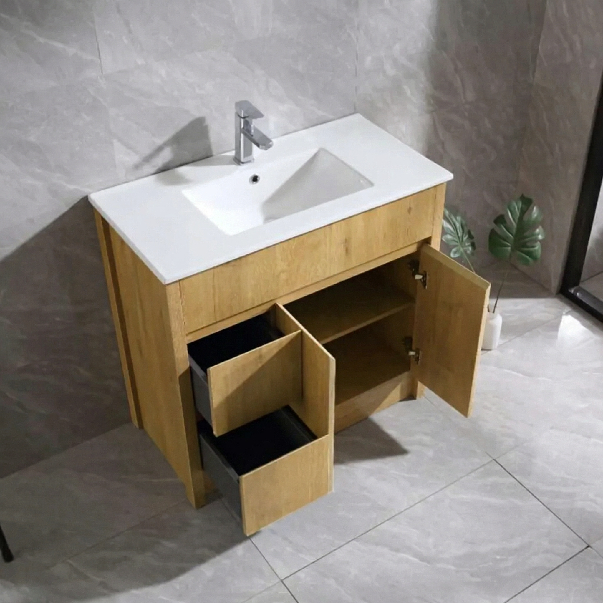 Meuble-Lavabo Autoportant 36 Chêne Givré avec Comptoir en Céramique